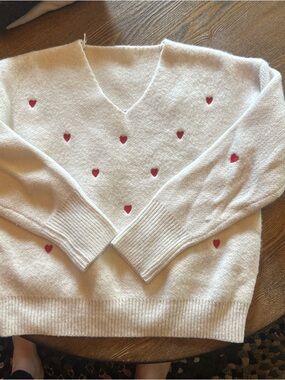 Ivory V-Neck Sweater with Red Heart Embroidery